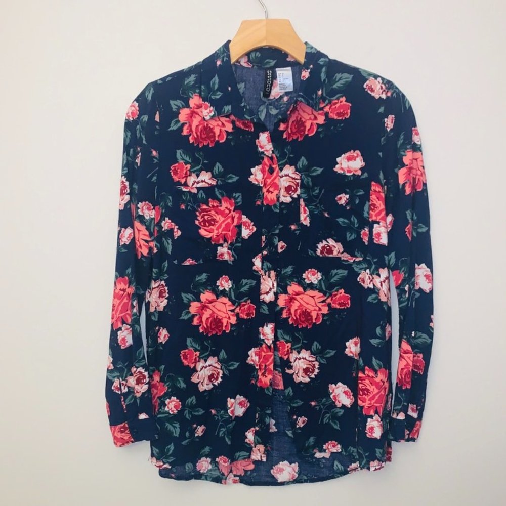 Divided Black pink floral button down top shirt
